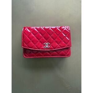Chanel Quilted Patent Cherry Red Silver Hardware Wallet on Chain Bag